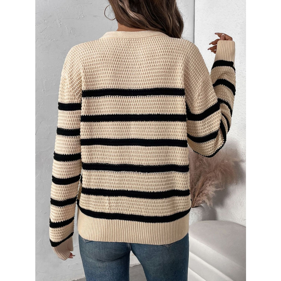 Perfee Striped Half Button Long Sleeve Sweater Tan / S Apparel and Accessories