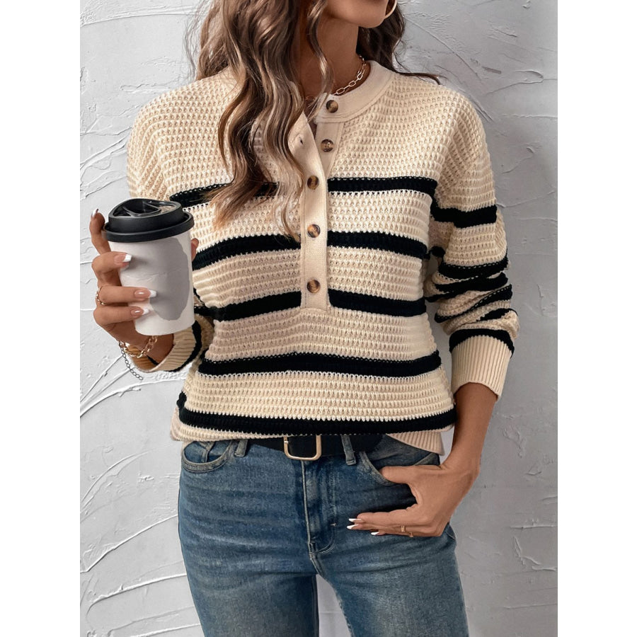 Perfee Striped Half Button Long Sleeve Sweater Apparel and Accessories