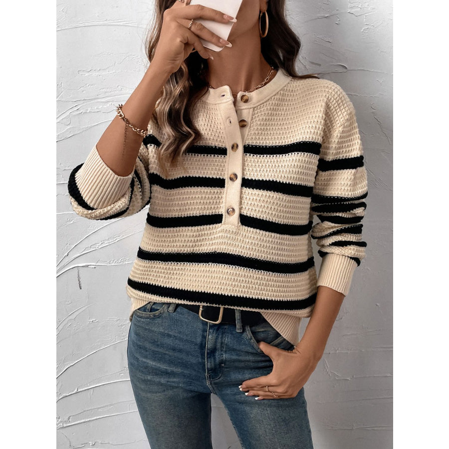 Perfee Striped Half Button Long Sleeve Sweater Apparel and Accessories