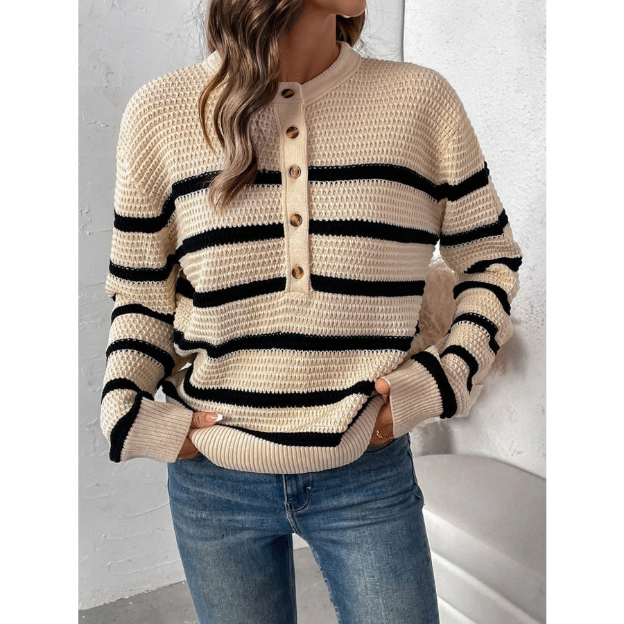 Perfee Striped Half Button Long Sleeve Sweater Apparel and Accessories