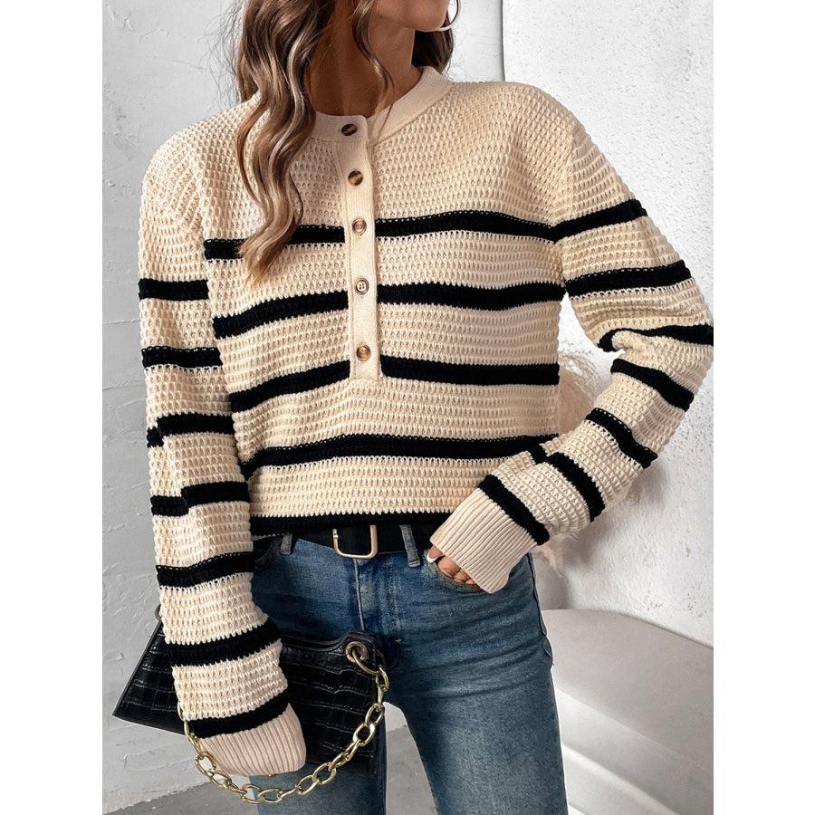 Perfee Striped Half Button Long Sleeve Sweater Tan / S Apparel and Accessories