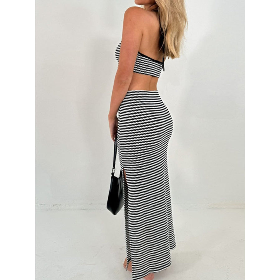 Perfee Striped Halter Neck Top and Slit Skirt Set Apparel and Accessories