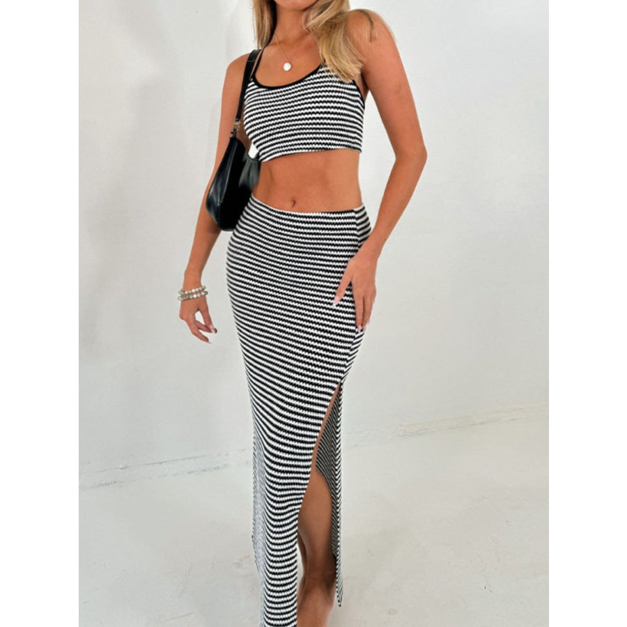 Perfee Striped Halter Neck Top and Slit Skirt Set Apparel and Accessories