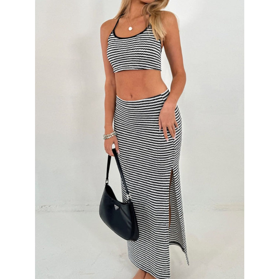 Perfee Striped Halter Neck Top and Slit Skirt Set Apparel and Accessories