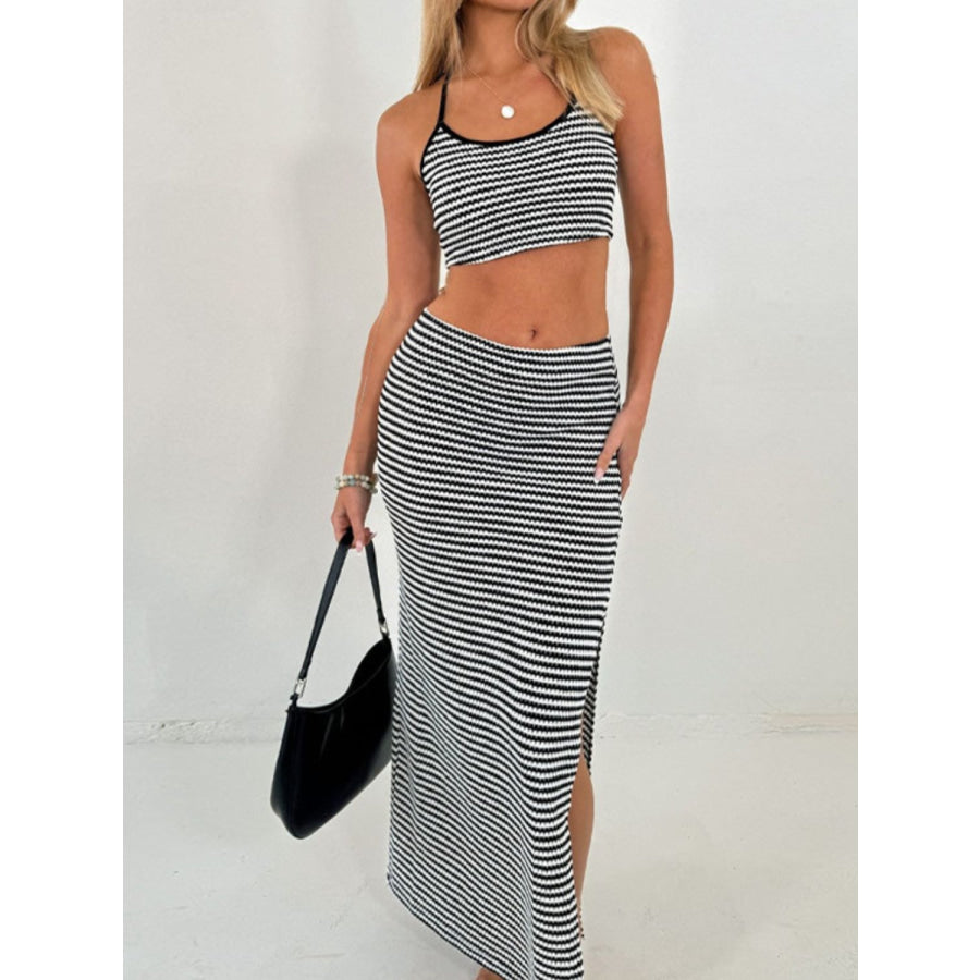 Perfee Striped Halter Neck Top and Slit Skirt Set Black / S Apparel and Accessories