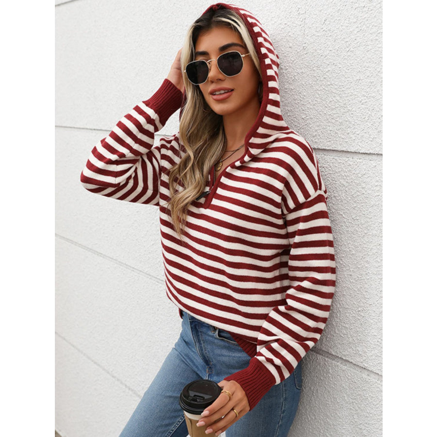 Perfee Striped Long Sleeve Hooded Sweater Apparel and Accessories