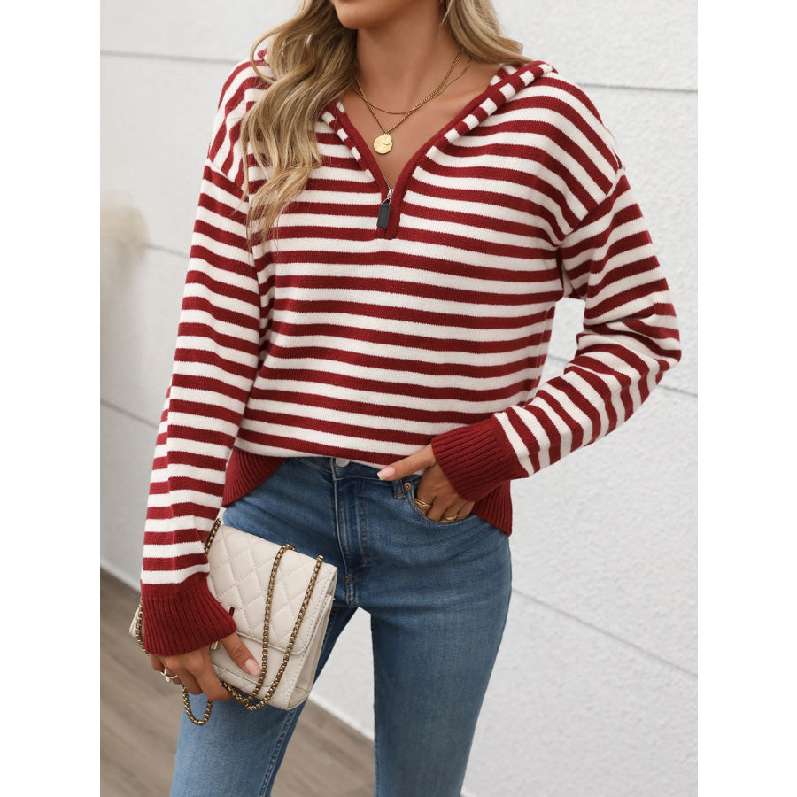 Perfee Striped Long Sleeve Hooded Sweater Apparel and Accessories