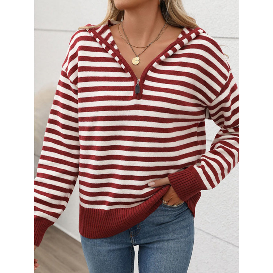 Perfee Striped Long Sleeve Hooded Sweater Apparel and Accessories