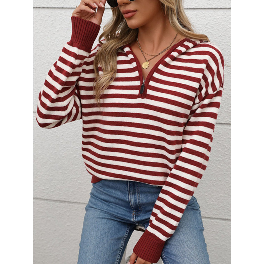 Perfee Striped Long Sleeve Hooded Sweater Burgundy / S Apparel and Accessories