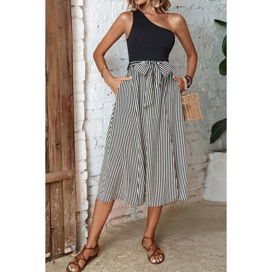 Perfee Striped One-Shoulder Slit Dress Apparel and Accessories