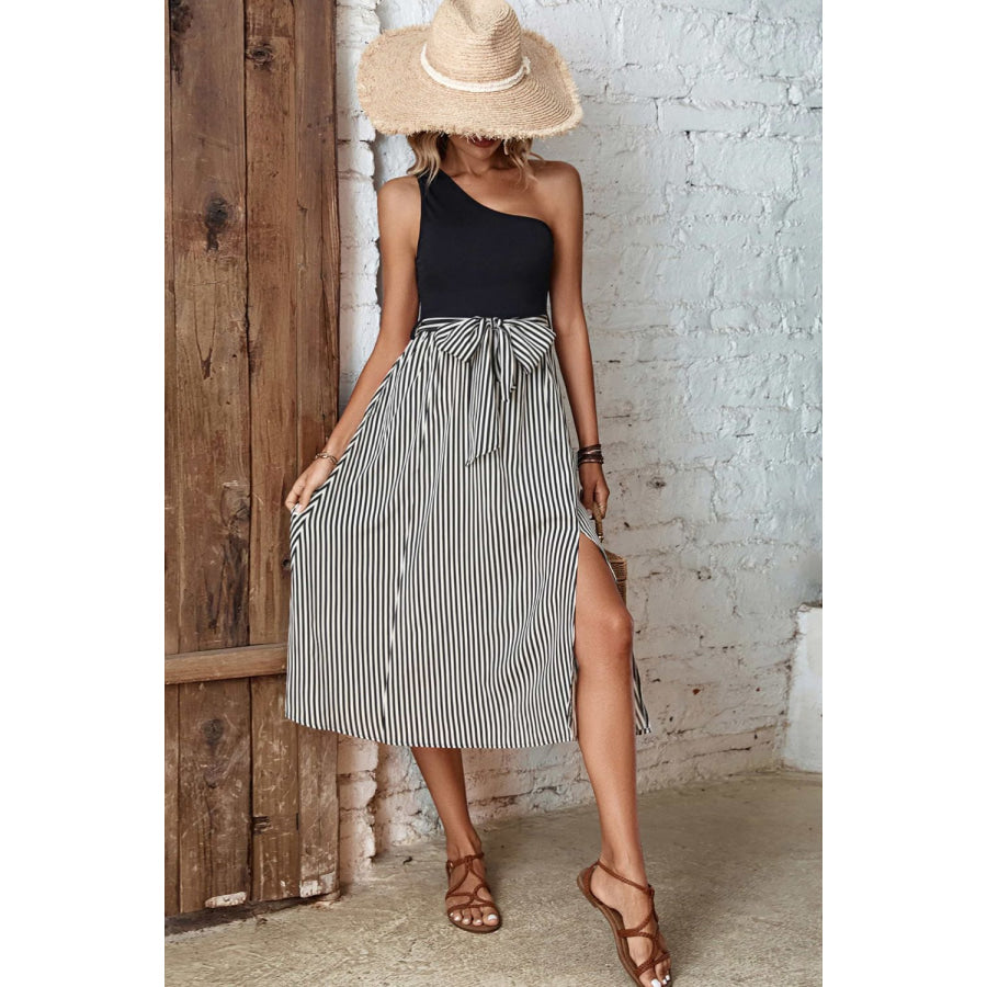 Perfee Striped One-Shoulder Slit Dress Apparel and Accessories