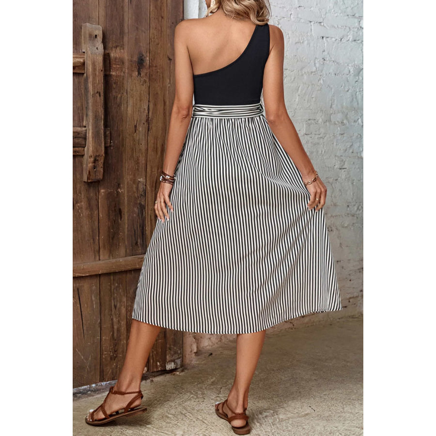 Perfee Striped One-Shoulder Slit Dress Apparel and Accessories