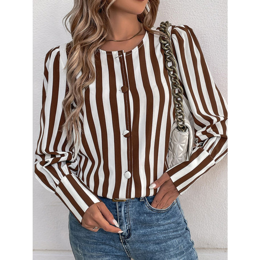 Perfee Striped Round Neck Long Sleeve Blouse Apparel and Accessories