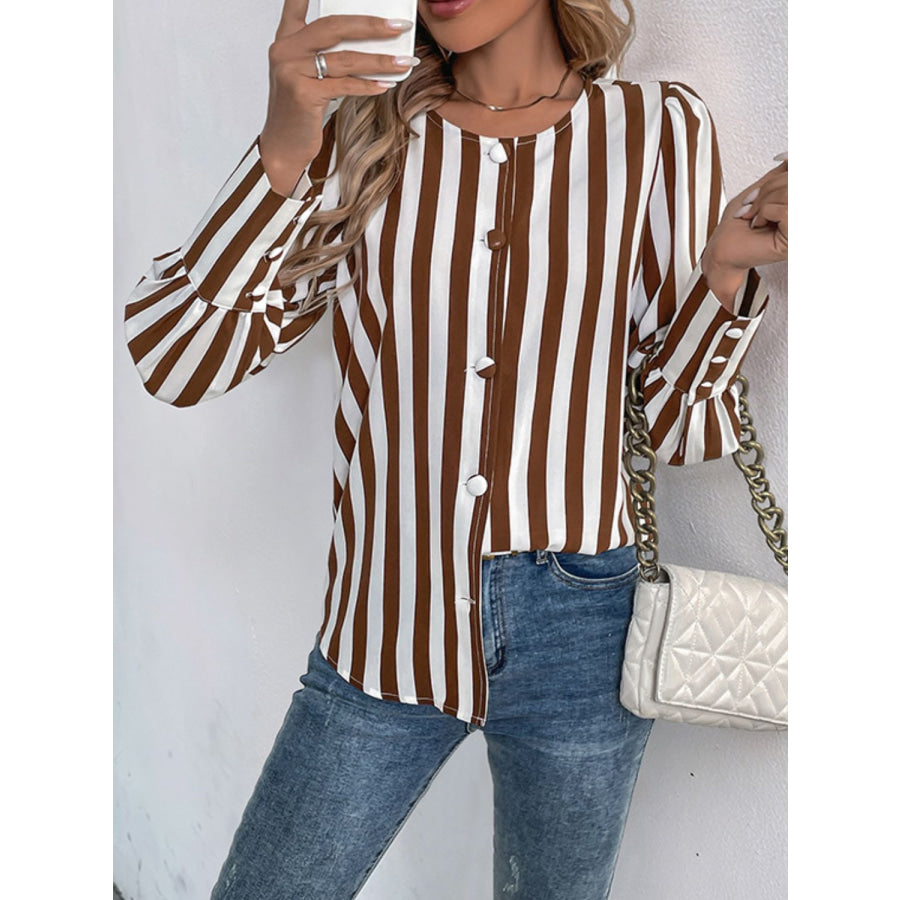 Perfee Striped Round Neck Long Sleeve Blouse Apparel and Accessories