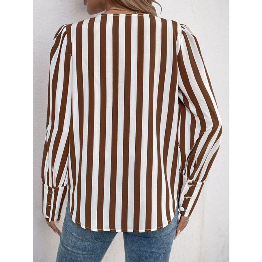 Perfee Striped Round Neck Long Sleeve Blouse Brown / S Apparel and Accessories