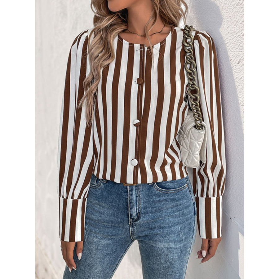 Perfee Striped Round Neck Long Sleeve Blouse Apparel and Accessories