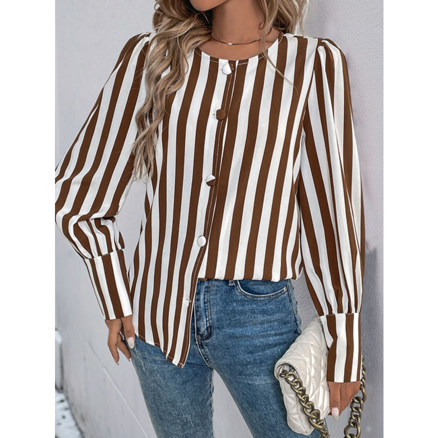 Perfee Striped Round Neck Long Sleeve Blouse Apparel and Accessories