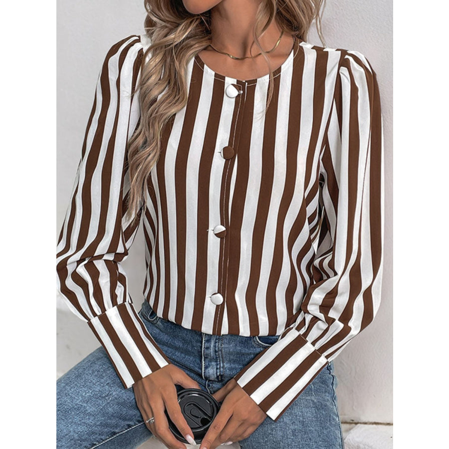 Perfee Striped Round Neck Long Sleeve Blouse Brown / S Apparel and Accessories