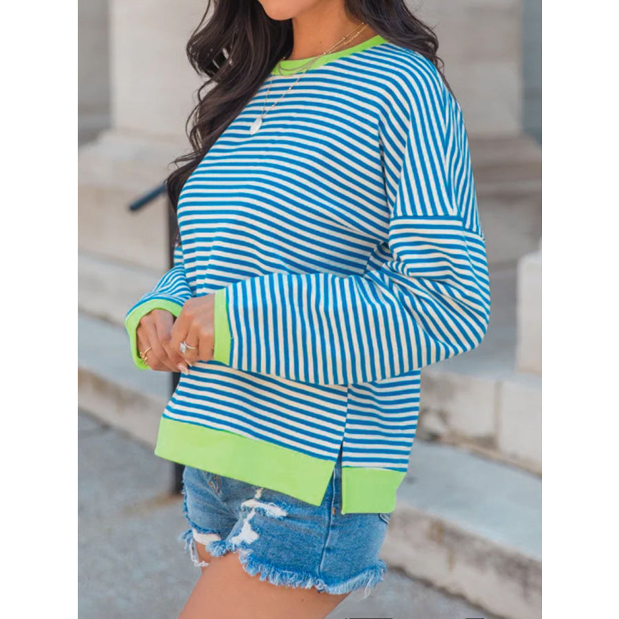 Perfee Striped Round Neck Long Sleeve Sweatshirt Apparel and Accessories