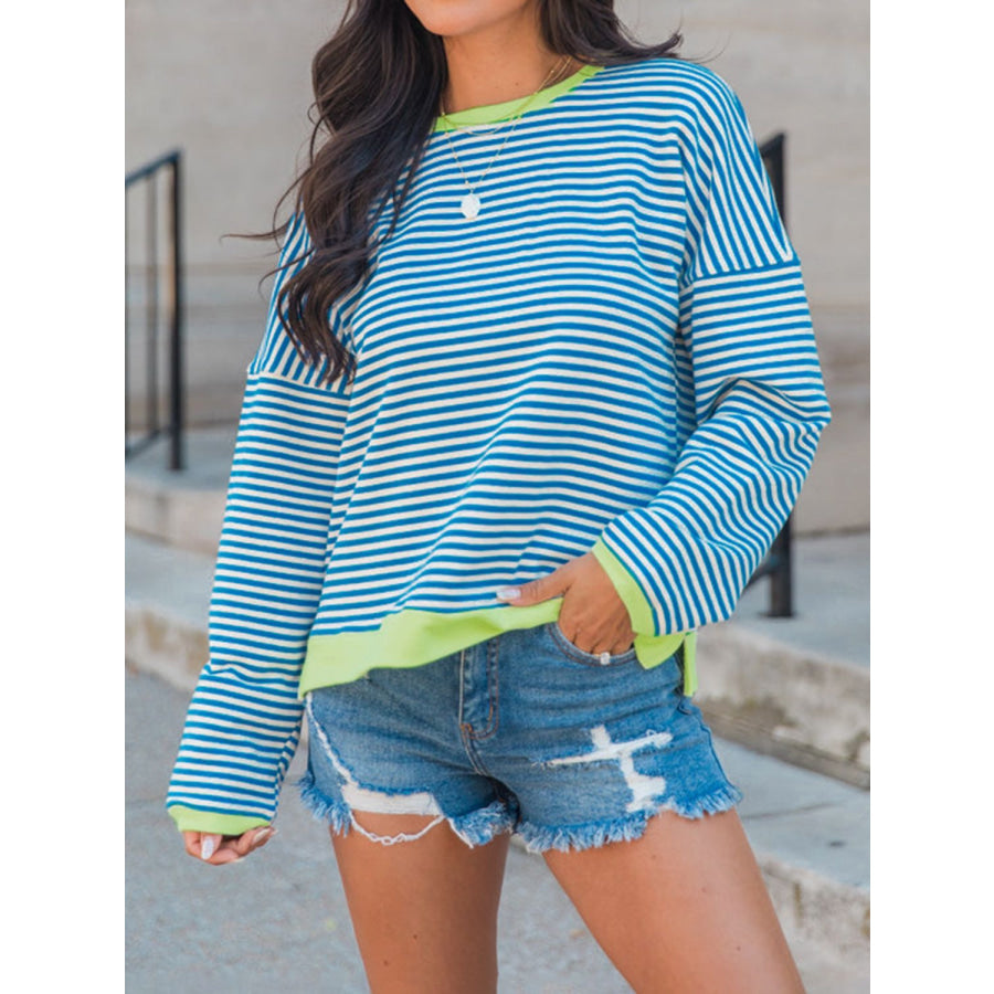 Perfee Striped Round Neck Long Sleeve Sweatshirt Pastel Blue / S Apparel and Accessories