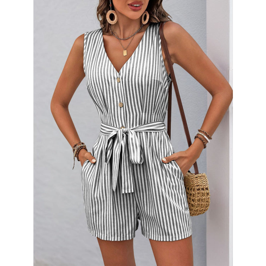 Perfee Striped V-Neck Tie Waist Romper Apparel and Accessories