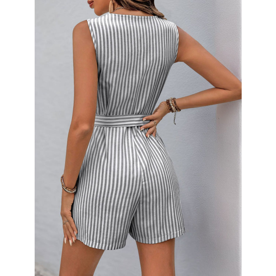 Perfee Striped V-Neck Tie Waist Romper Apparel and Accessories