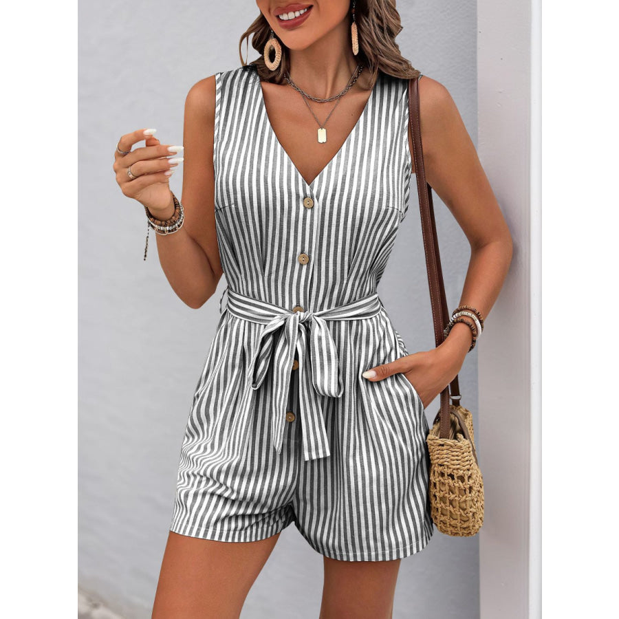 Perfee Striped V-Neck Tie Waist Romper Apparel and Accessories