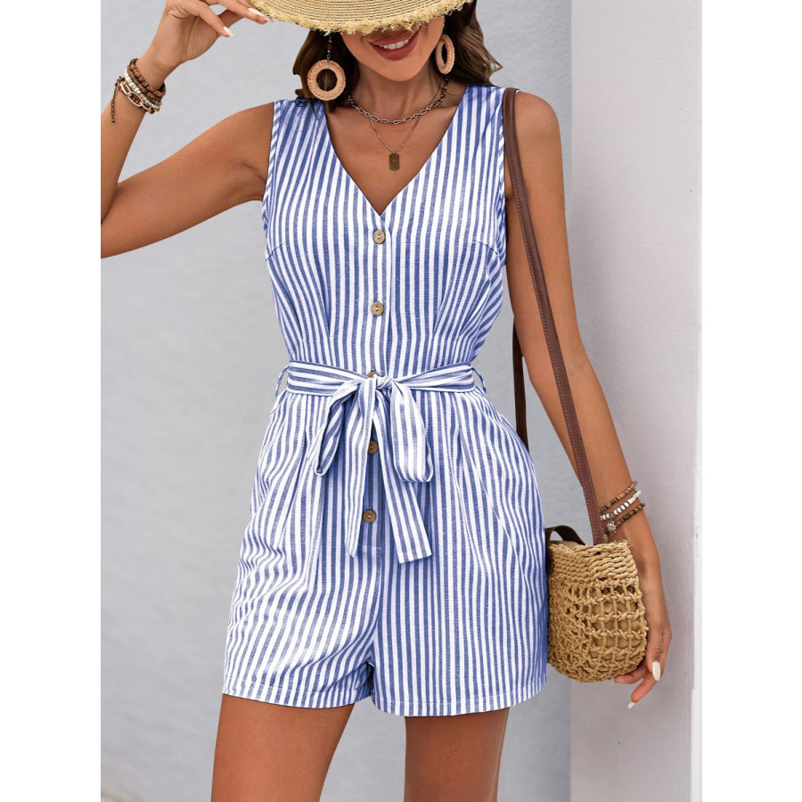 Perfee Striped V-Neck Tie Waist Romper Apparel and Accessories