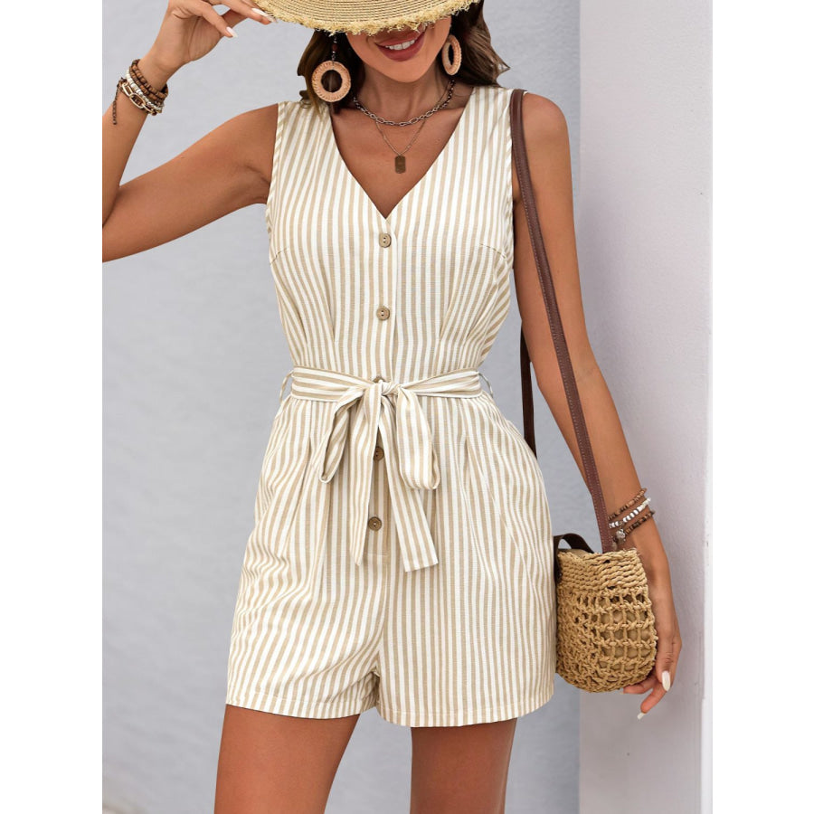 Perfee Striped V-Neck Tie Waist Romper Apparel and Accessories