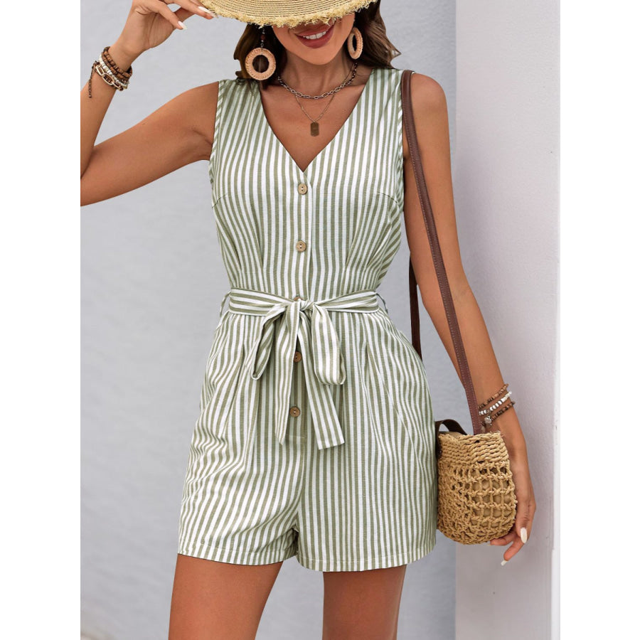 Perfee Striped V-Neck Tie Waist Romper Apparel and Accessories