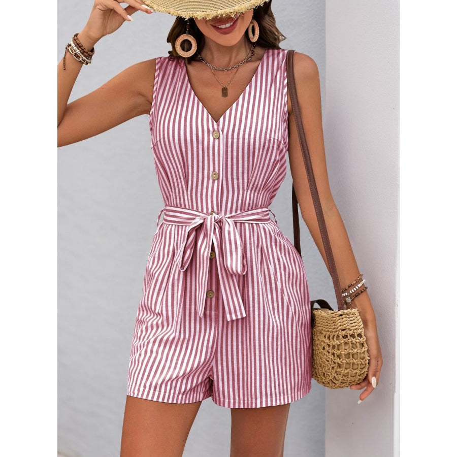 Perfee Striped V-Neck Tie Waist Romper Apparel and Accessories