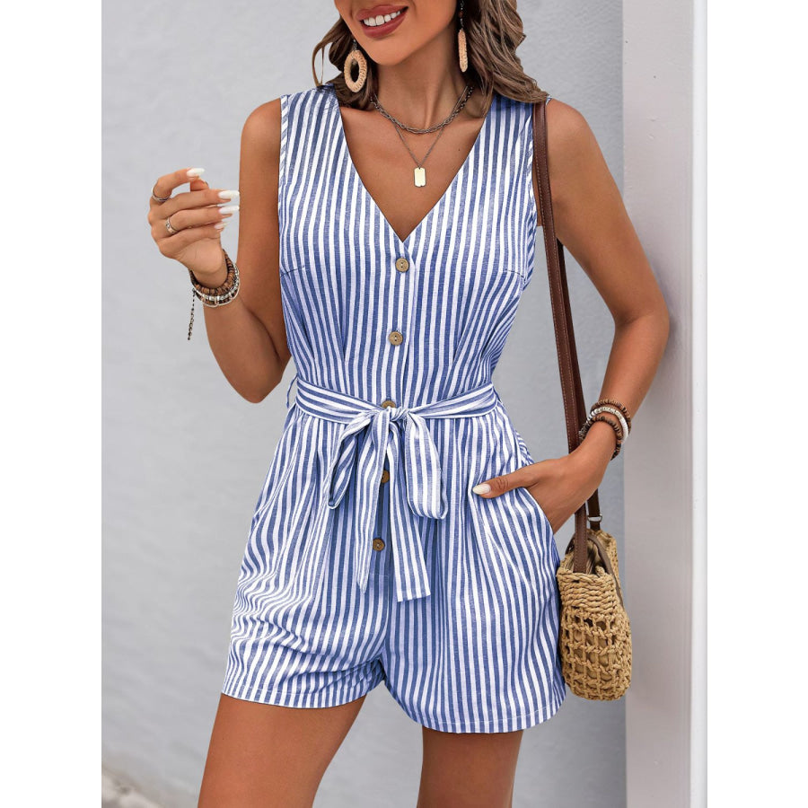 Perfee Striped V-Neck Tie Waist Romper Blue / S Apparel and Accessories