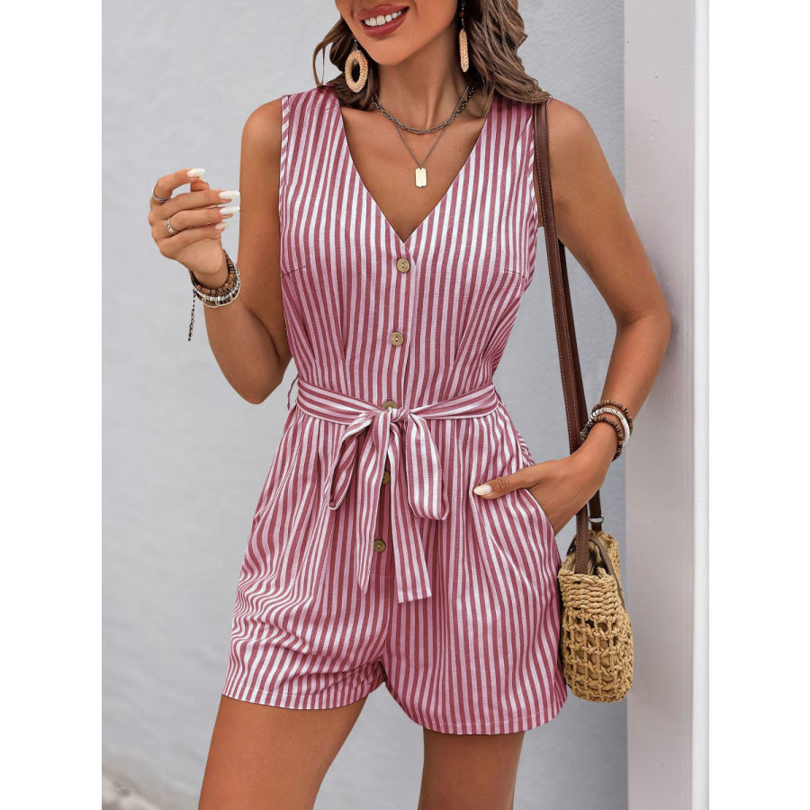 Perfee Striped V-Neck Tie Waist Romper Cerise / S Apparel and Accessories