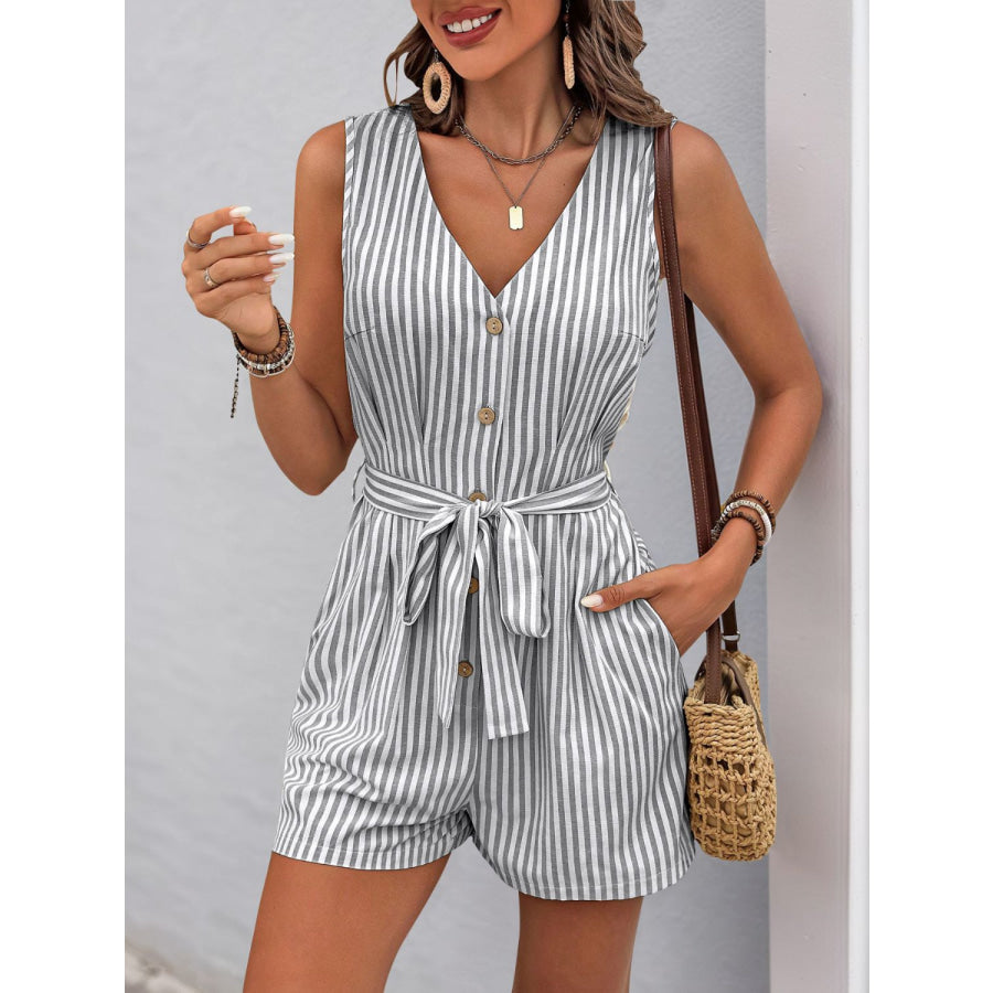 Perfee Striped V-Neck Tie Waist Romper Light Gray / S Apparel and Accessories