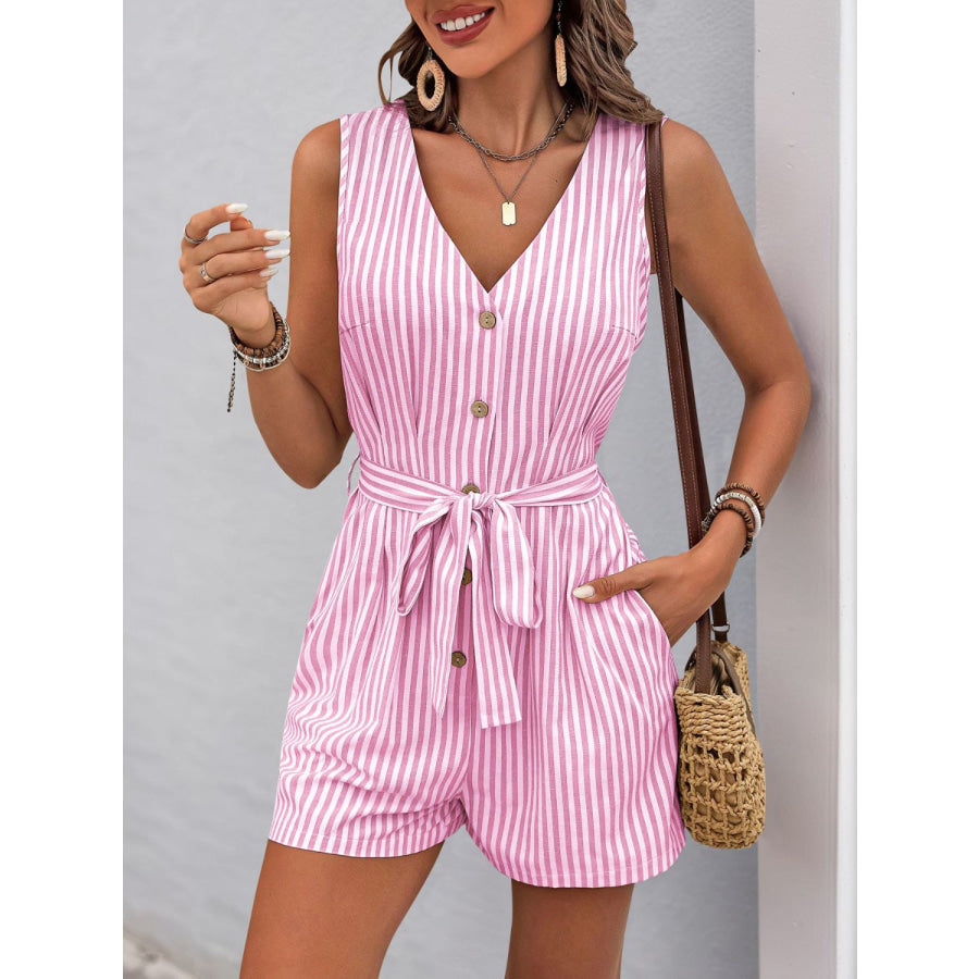 Perfee Striped V-Neck Tie Waist Romper Pink / S Apparel and Accessories