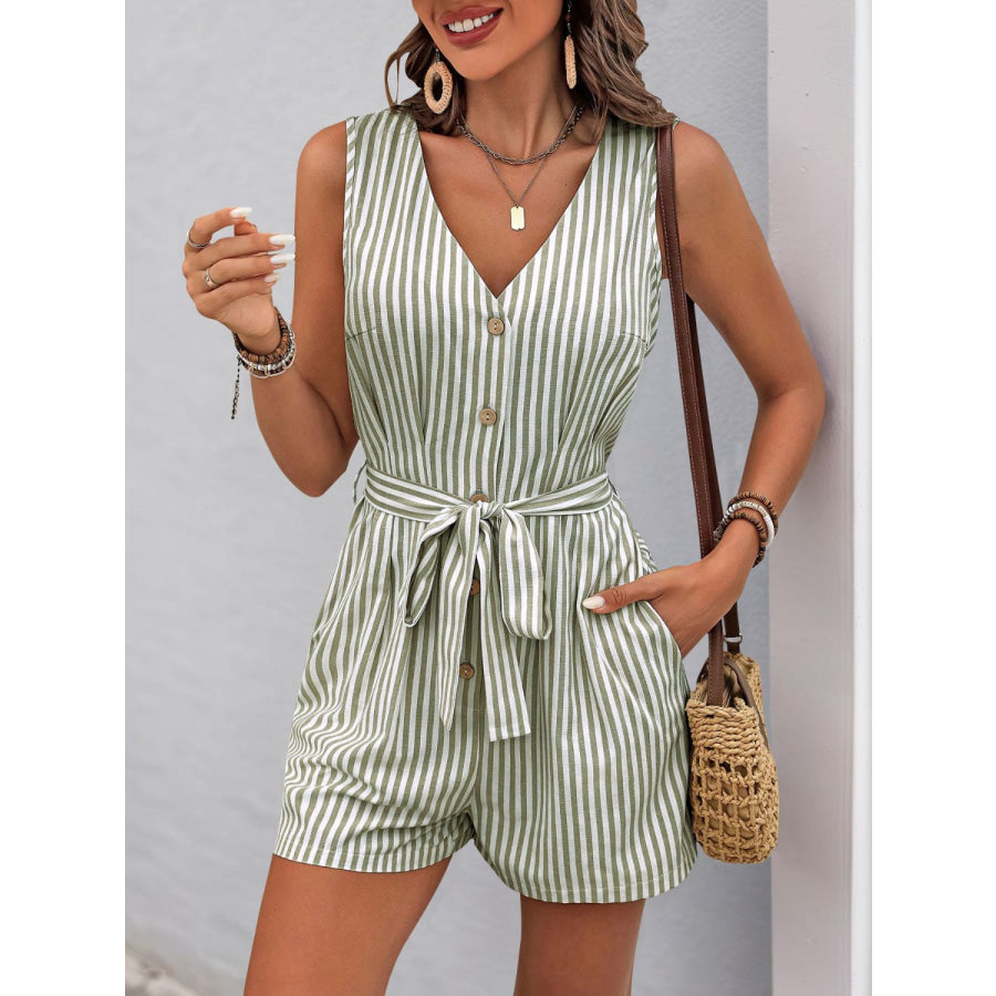 Perfee Striped V-Neck Tie Waist Romper Sage / S Apparel and Accessories