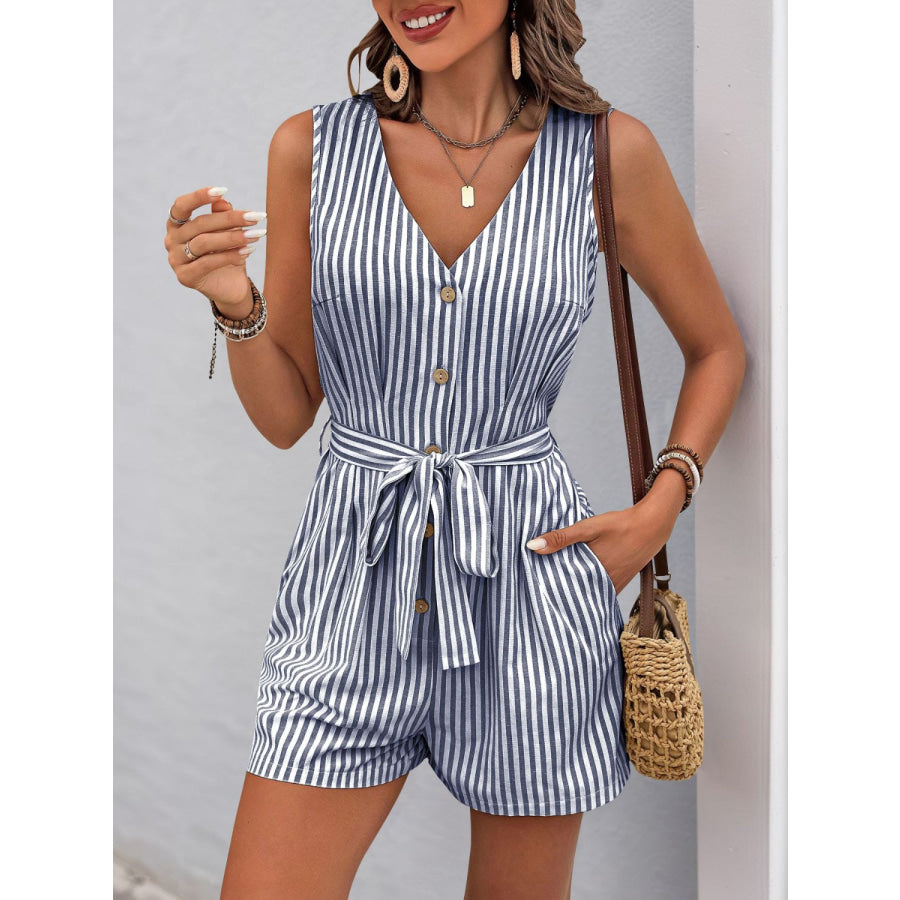 Perfee Striped V-Neck Tie Waist Romper Stripe / S Apparel and Accessories