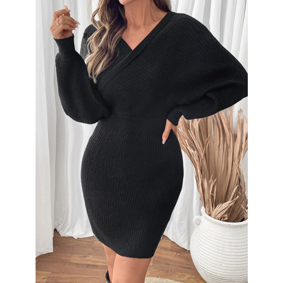 Perfee Surplice Long Sleeve Sweater Dress Apparel and Accessories