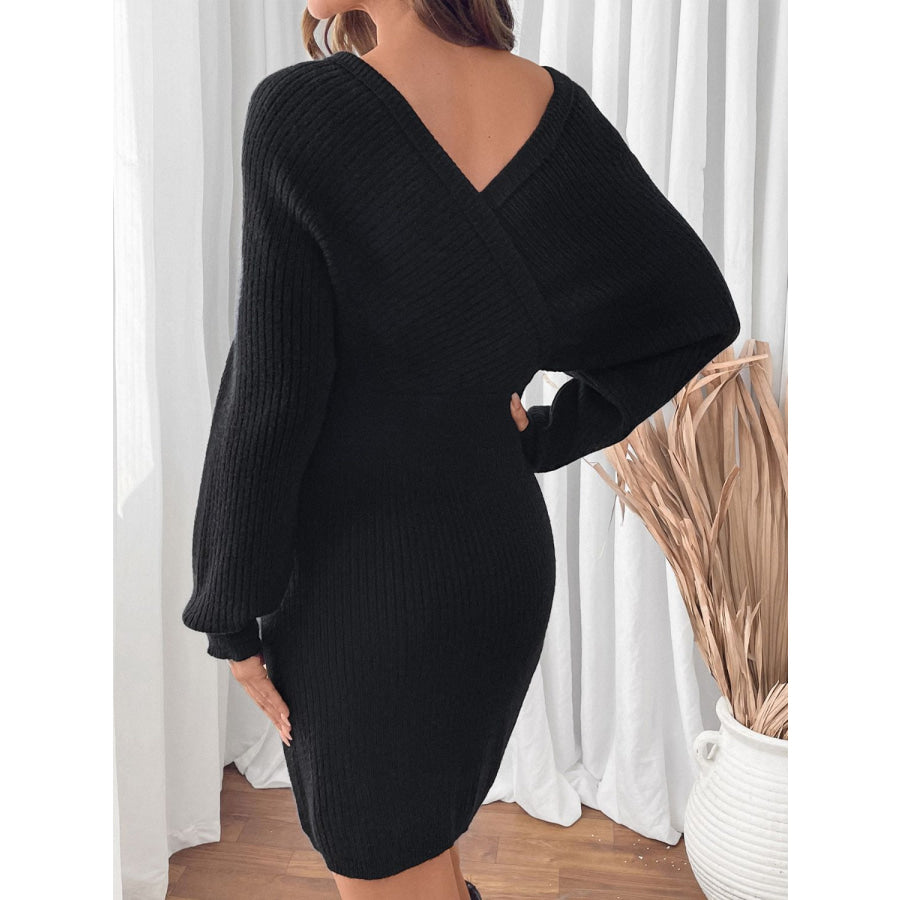 Perfee Surplice Long Sleeve Sweater Dress Apparel and Accessories