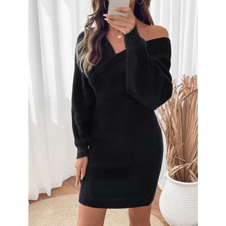 Perfee Surplice Long Sleeve Sweater Dress Apparel and Accessories