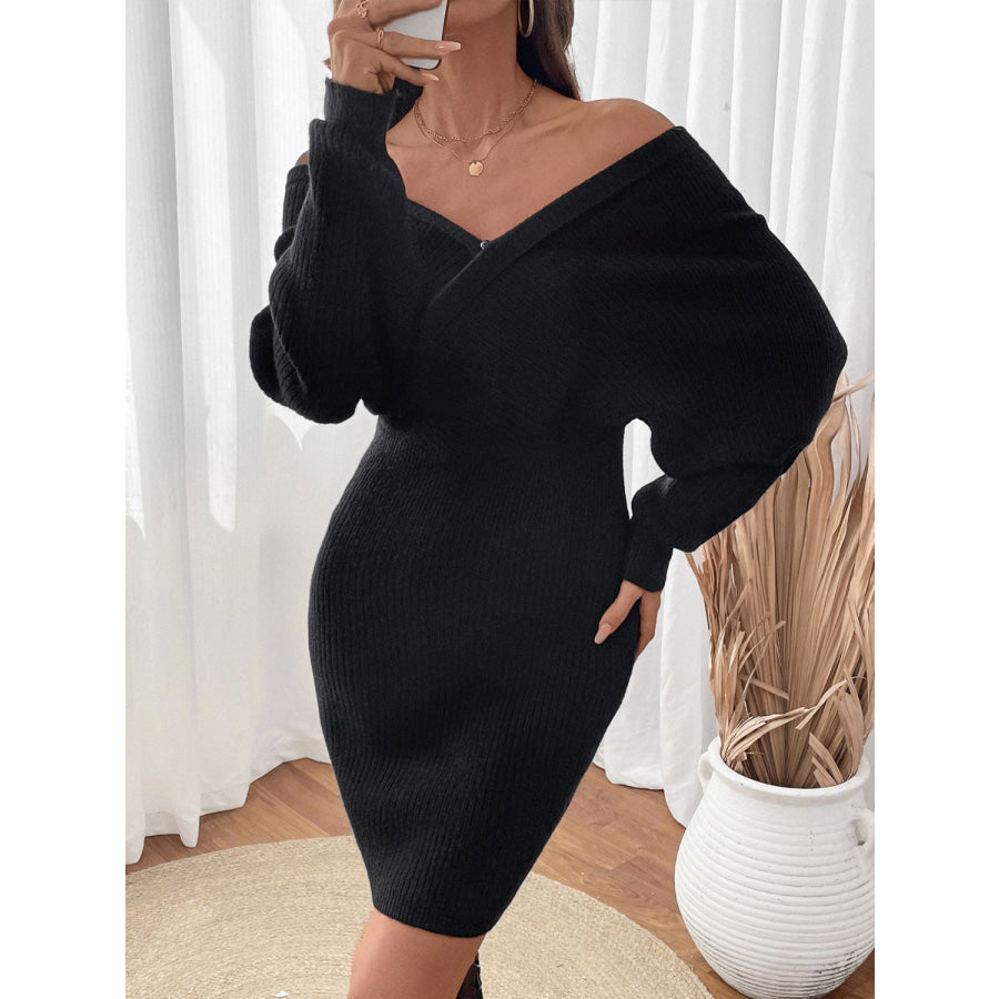 Perfee Surplice Long Sleeve Sweater Dress Apparel and Accessories