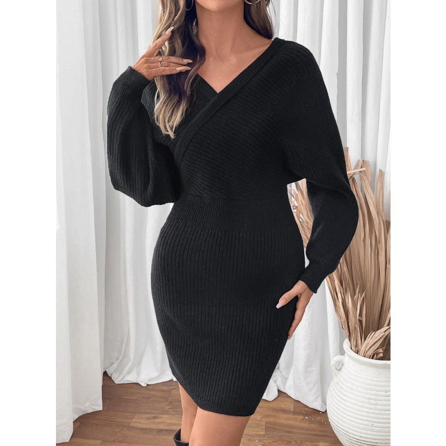 Perfee Surplice Long Sleeve Sweater Dress Black / S Apparel and Accessories