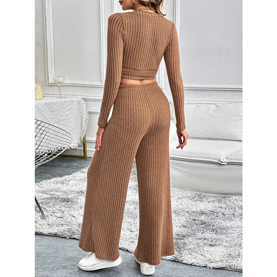 Perfee Surplice Long Sleeve Top and Pants Set Caramel / S Apparel and Accessories