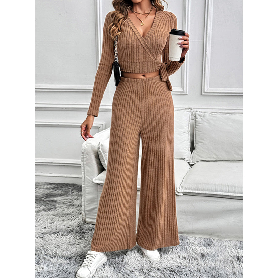 Perfee Surplice Long Sleeve Top and Pants Set Apparel and Accessories