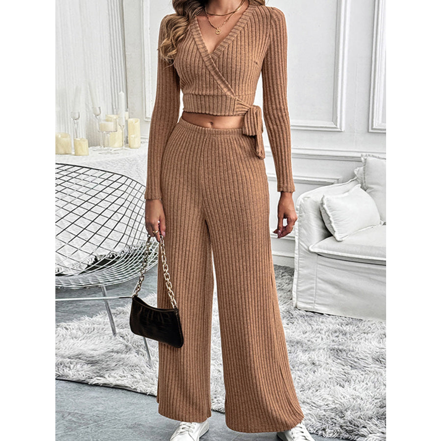 Perfee Surplice Long Sleeve Top and Pants Set Apparel and Accessories