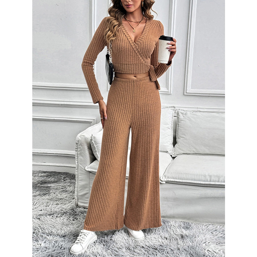 Perfee Surplice Long Sleeve Top and Pants Set Apparel and Accessories