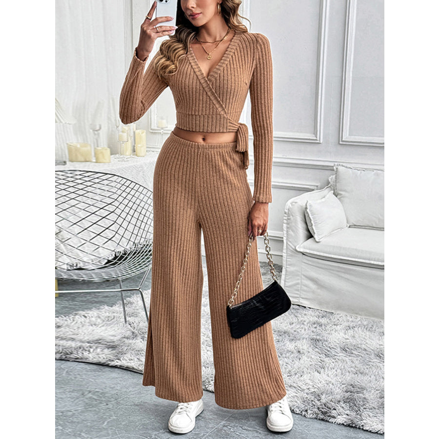 Perfee Surplice Long Sleeve Top and Pants Set Caramel / S Apparel and Accessories