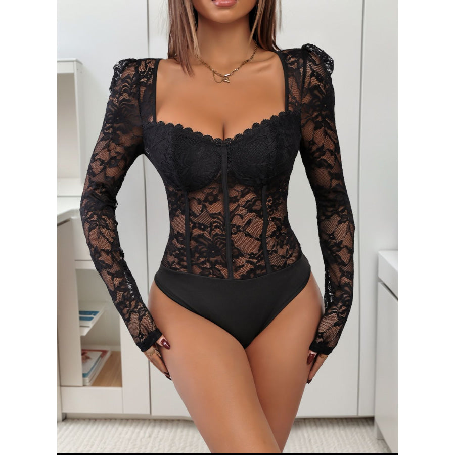 Perfee Sweetheart Neck Long Sleeve Lace Bodysuit Apparel and Accessories