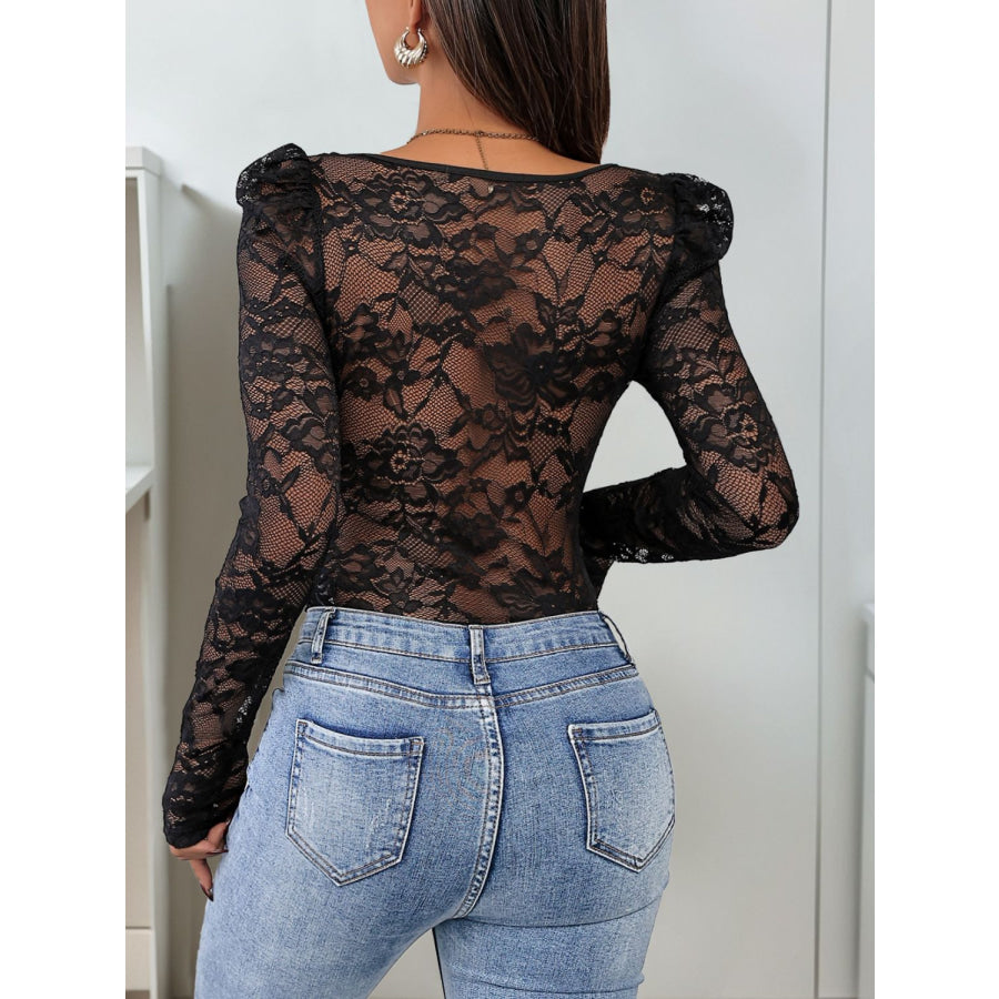 Perfee Sweetheart Neck Long Sleeve Lace Bodysuit Apparel and Accessories