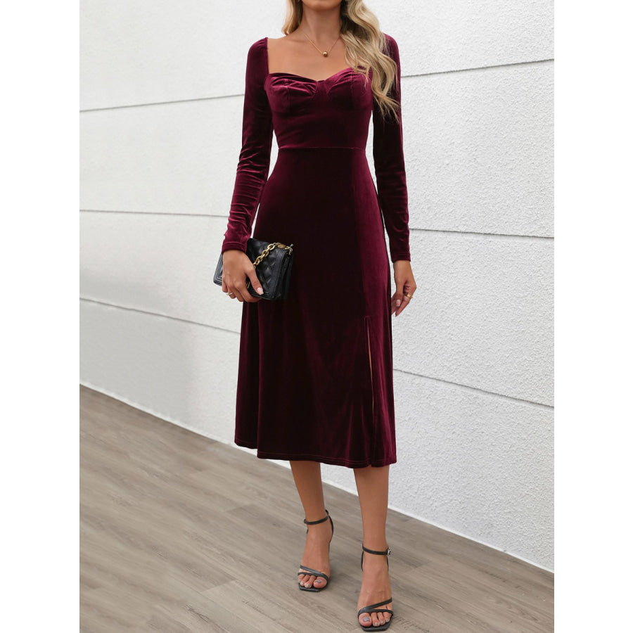 Perfee Sweetheart Neck Long Sleeve Midi Dress Apparel and Accessories